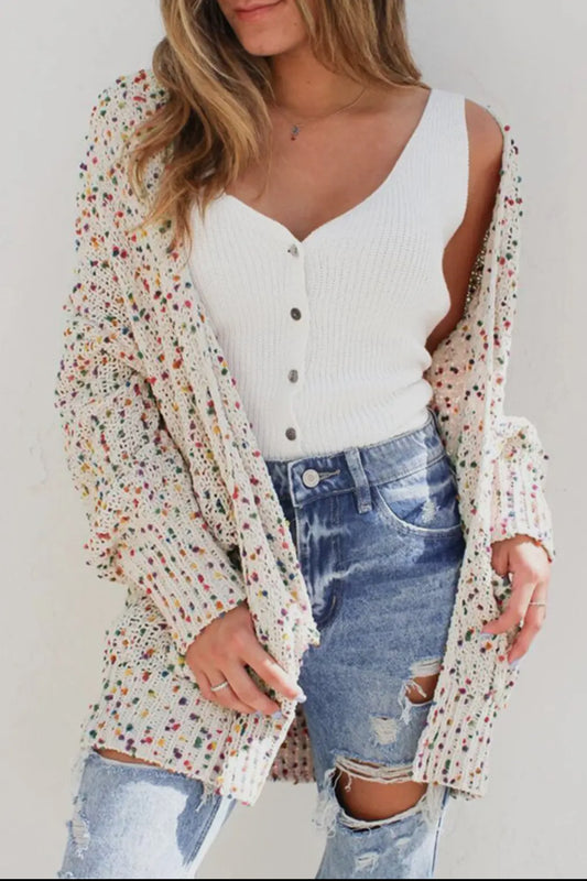 Confetti Ribbed Trim Long Cardigan